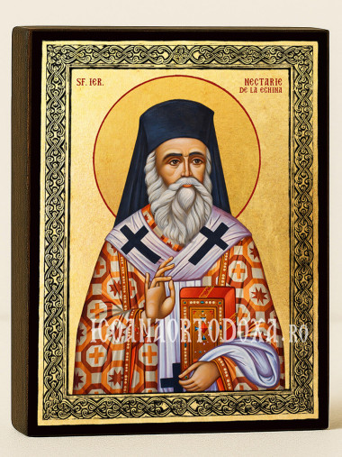 Icoană aurită cu Sfântul Nectarie Egineanul și ramă decorativă