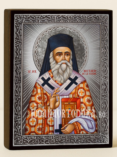 Icoană din argint cu Sfântul Nectarie Egineanul cu raze decorative