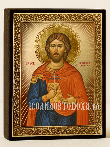 Icoană cu Sfântul Nichita cu raze aurii decorative
