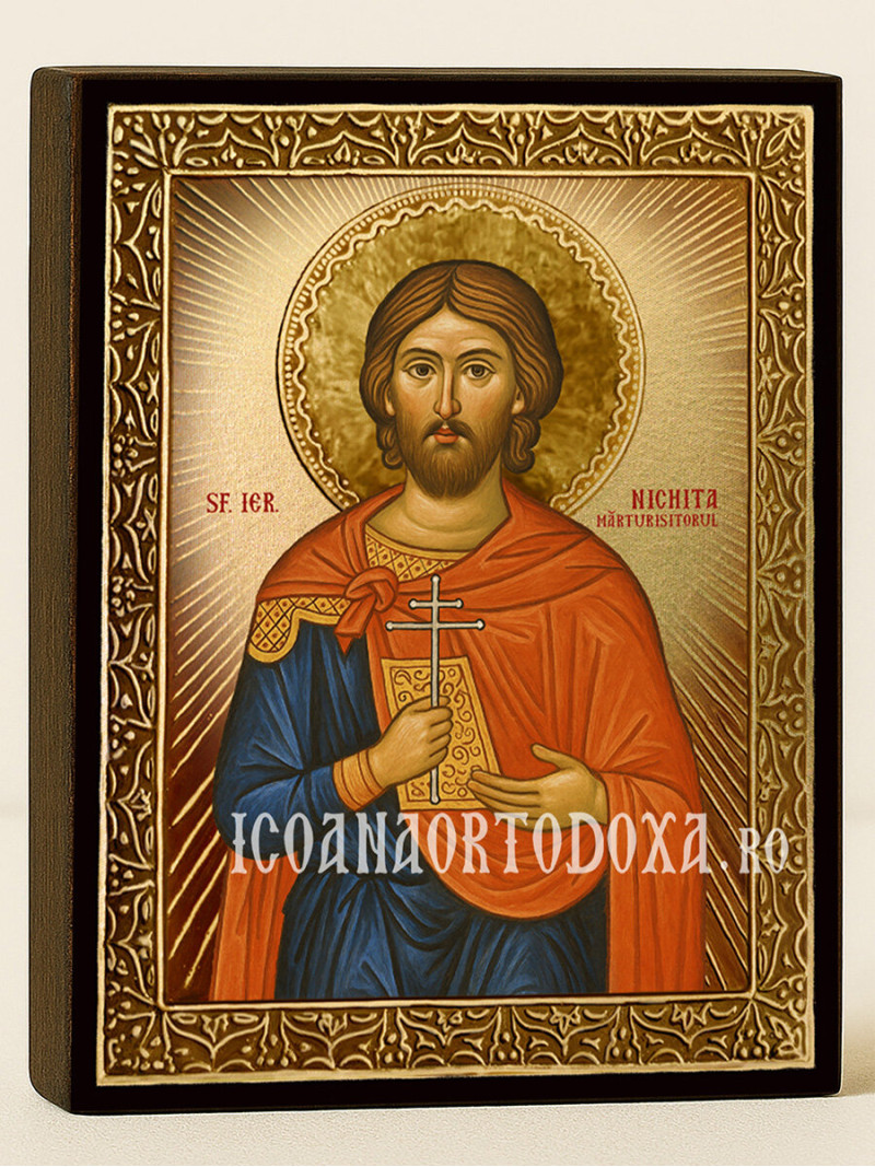 Icoană cu Sfântul Nichita cu raze aurii decorative