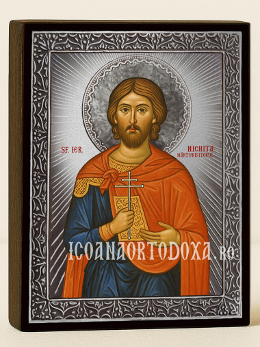 Icoană cu Sfântul Nichita cu raze argintii decorative