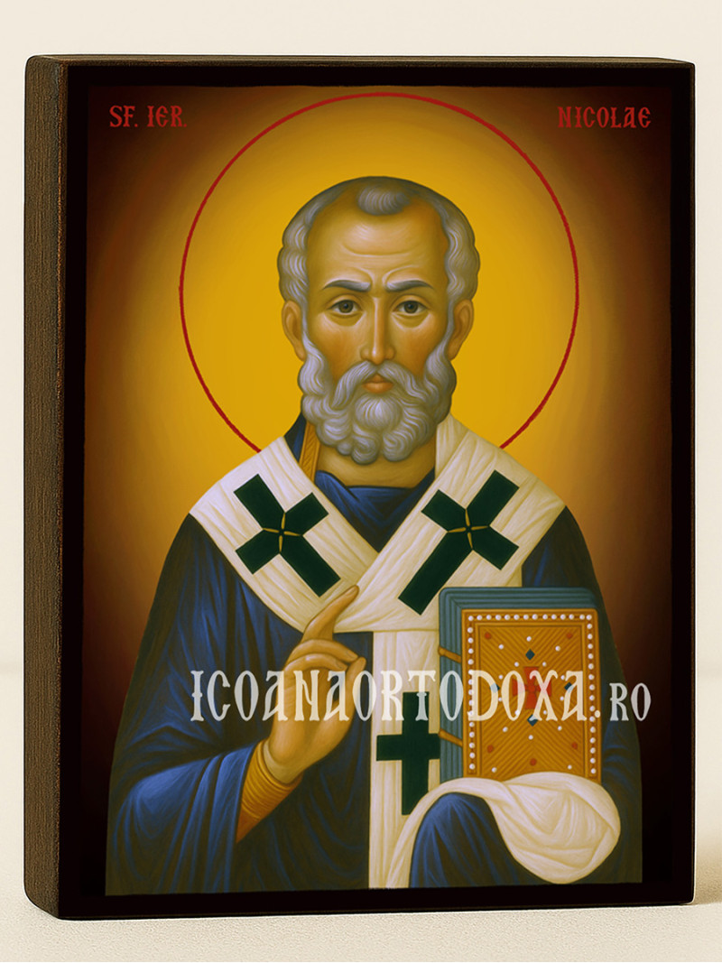 Icoană ortodoxă cu Sfântul Nicolae cu fundal galben luminos
