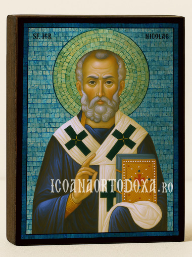 Icoană din argint cu Sfântul Nicolae cu mozaic albastru pe fond argintiu