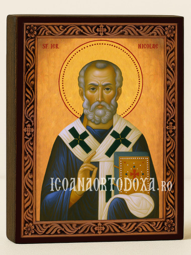 Icoană ortodoxă cu Sfântul Nicolae cu ramă decorativă stil sculptat