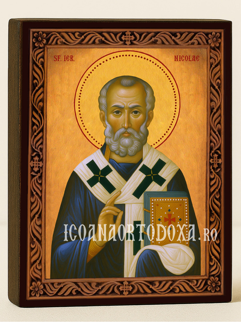 Icoană ortodoxă cu Sfântul Nicolae cu ramă decorativă stil sculptat