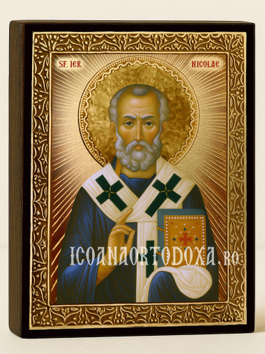 Icoană aurită cu Sfântul Nicolae cu raze decorative și ramă