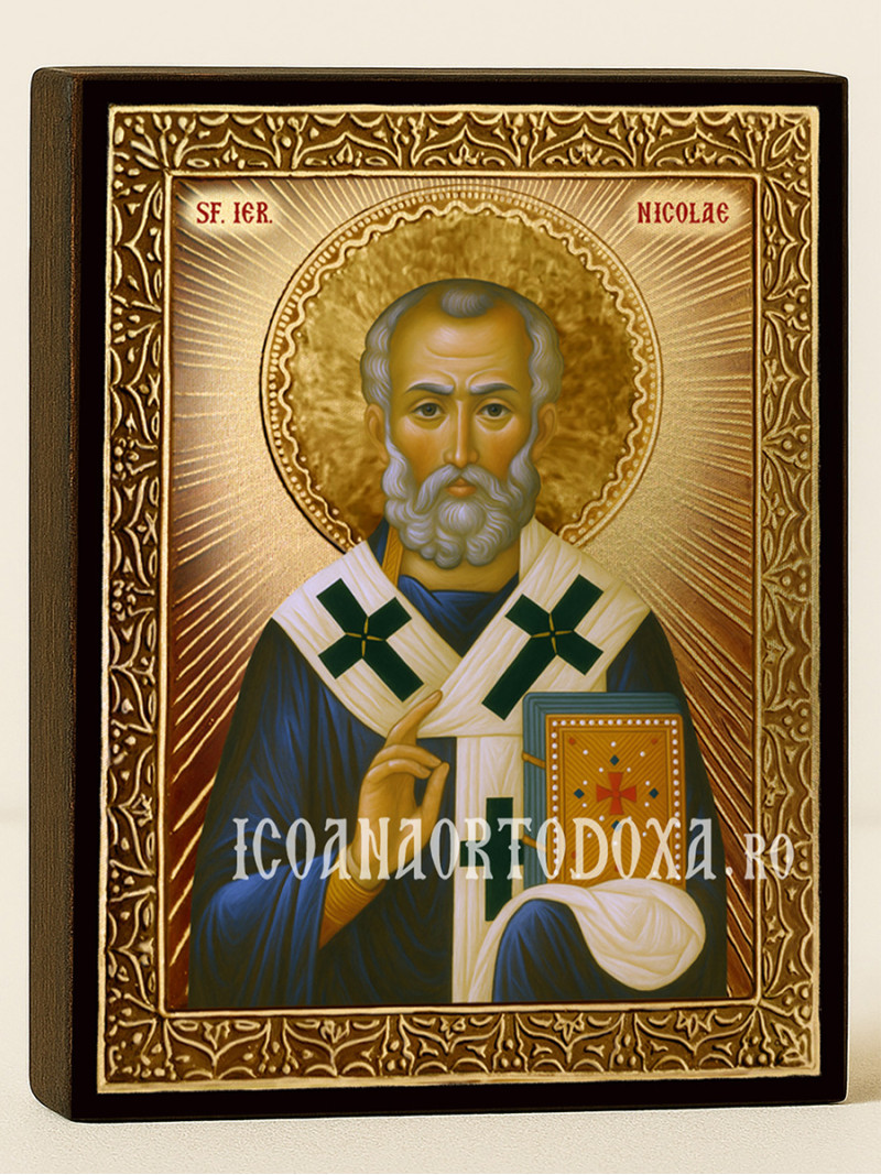 Icoană aurită cu Sfântul Nicolae cu raze decorative și ramă