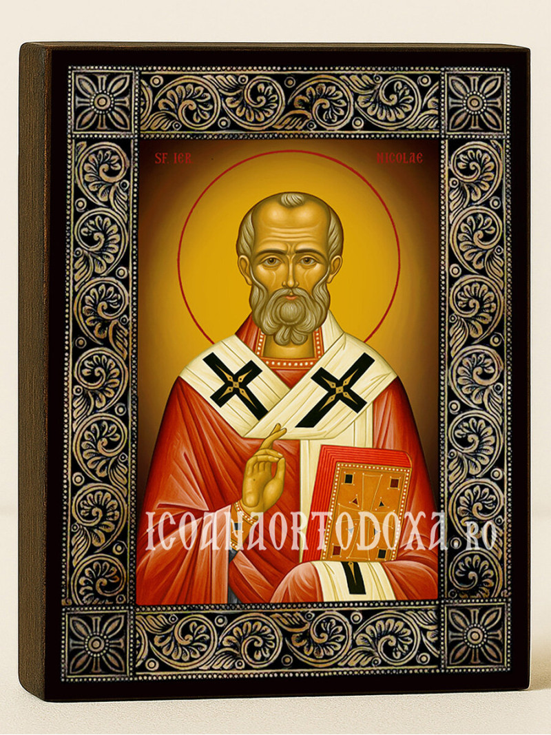 Icoană cu Sfântul Nicolae făcătorul de minuni cu ramă florală decorativă