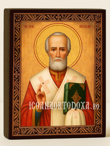 Icoană cu Sfântul Nicolae făcătorul de minuni cu ramă decorativă sculpturală