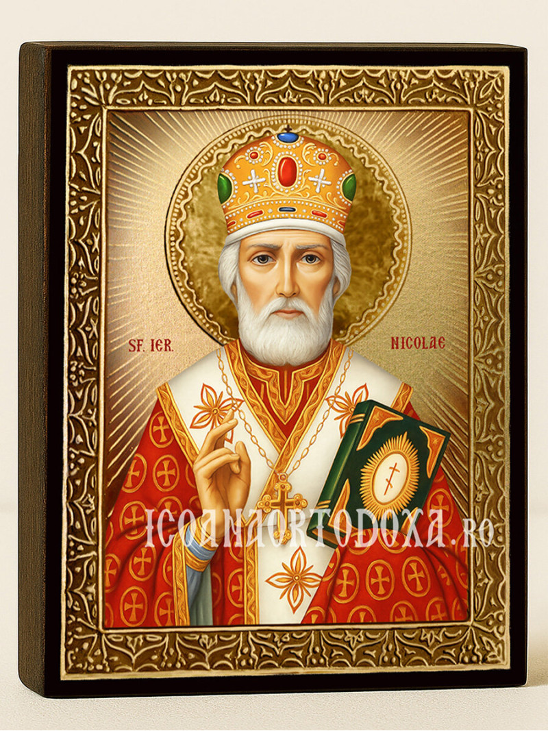 Icoană cu Sfântul Nicolae făcătorul de minuni cu raze aurii decorative