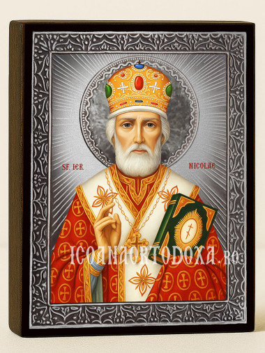 Icoană cu Sfântul Nicolae făcătorul de minuni cu raze argintii decorative