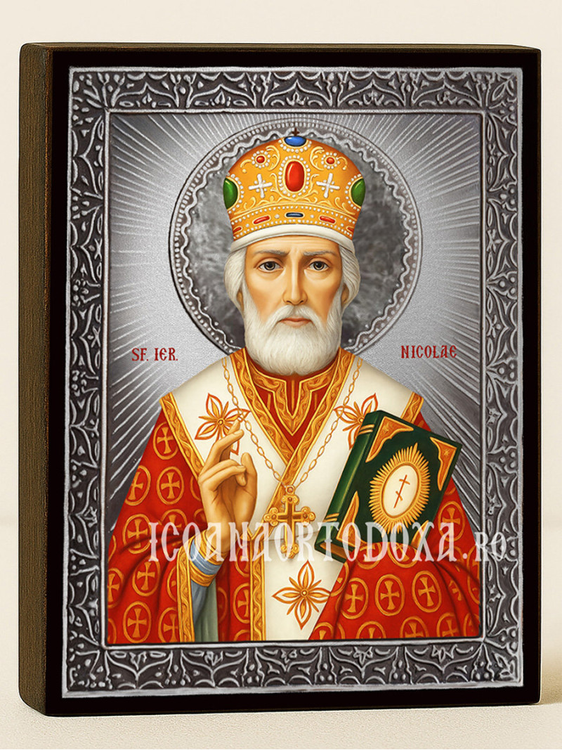 Icoană cu Sfântul Nicolae făcătorul de minuni cu raze argintii decorative