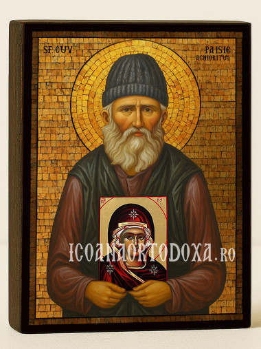 Icoană cu Sfântul Paisie cu mozaic auriu decorativ