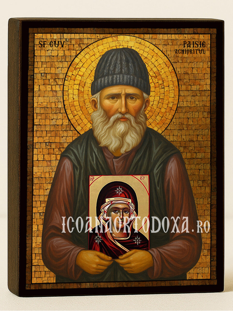 Icoană cu Sfântul Paisie cu mozaic auriu decorativ