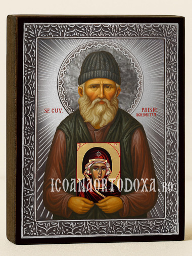 Icoană cu Sfântul Paisie cu raze argintii decorative