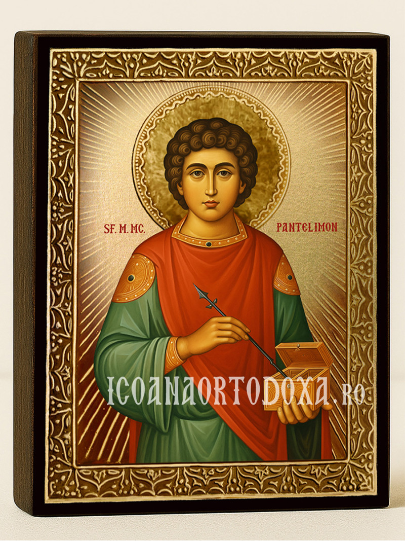 Icoană cu Sfântul Pantelimon cu raze aurii decorative