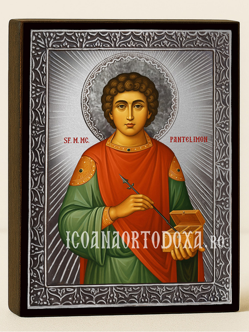 Icoană cu Sfântul Pantelimon cu raze argintii decorative