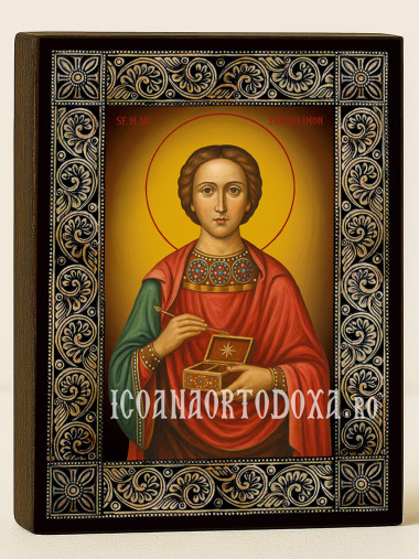 Icoană cu Sfântul Pantelimon cu ramă florală decorativă