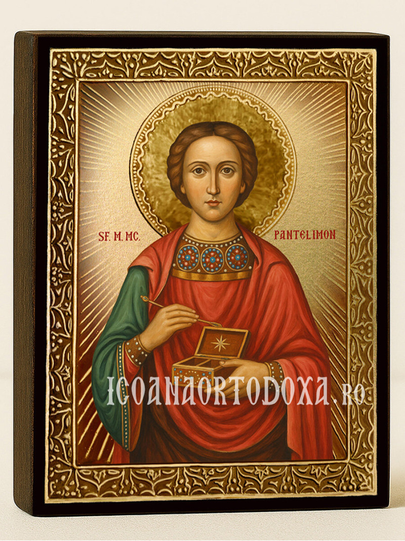 Icoană aurită cu Sfântul Pantelimon cu raze decorative