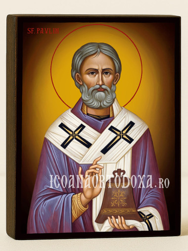 Icoană ortodoxă cu Sfântul Pavlin cu fundal galben luminos