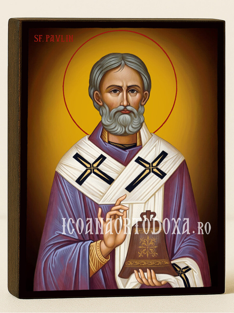 Icoană ortodoxă cu Sfântul Pavlin cu fundal galben luminos
