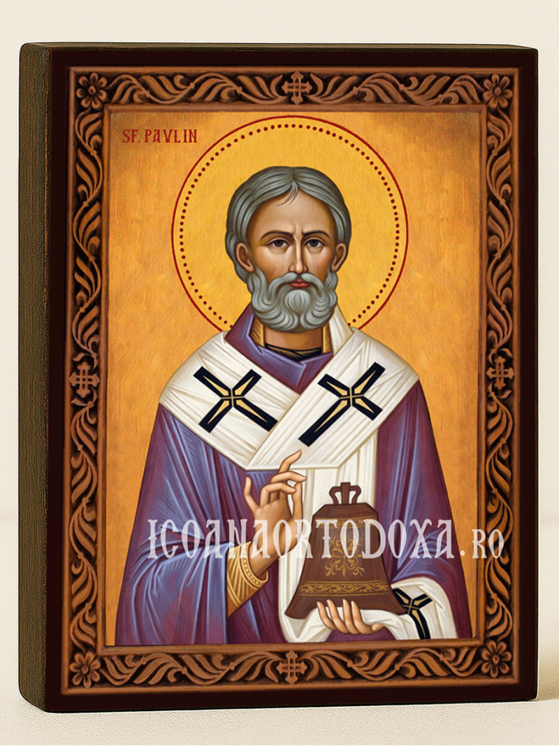 Icoană ortodoxă cu Sfântul Pavlin cu ramă decorativă stil sculptat