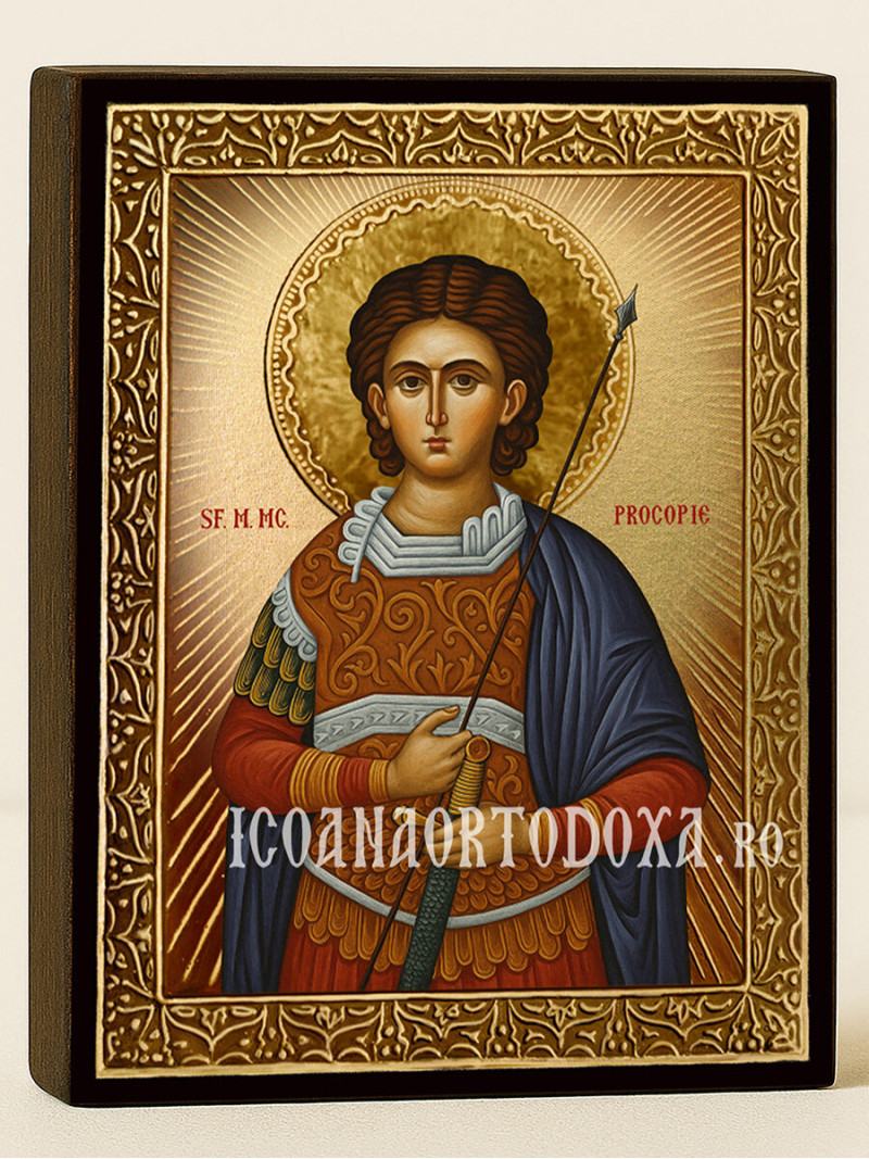 Icoană cu Sfântul Procopie cu raze aurii decorative