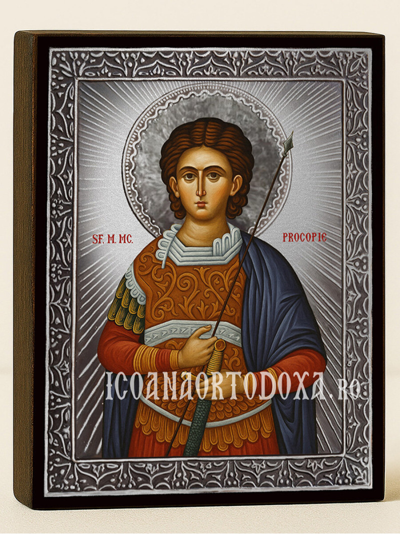 Icoană cu Sfântul Procopie cu raze argintii decorative