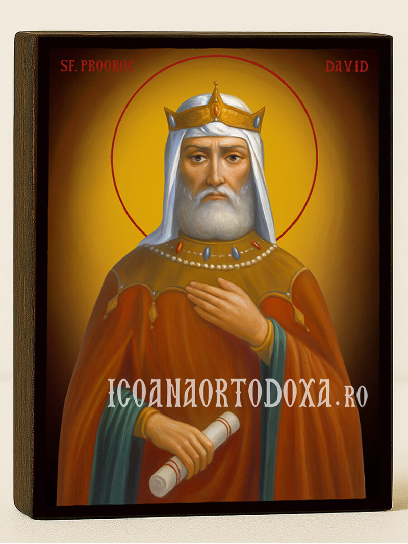 Icoană cu Sfântul Regele Proroc David cu fundal galben luminos