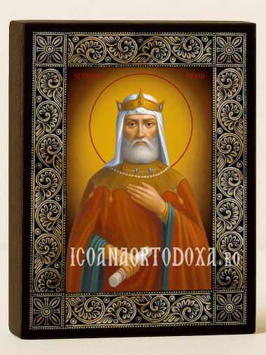 Icoană cu Sfântul Regele Proroc David și ramă florală decorativă