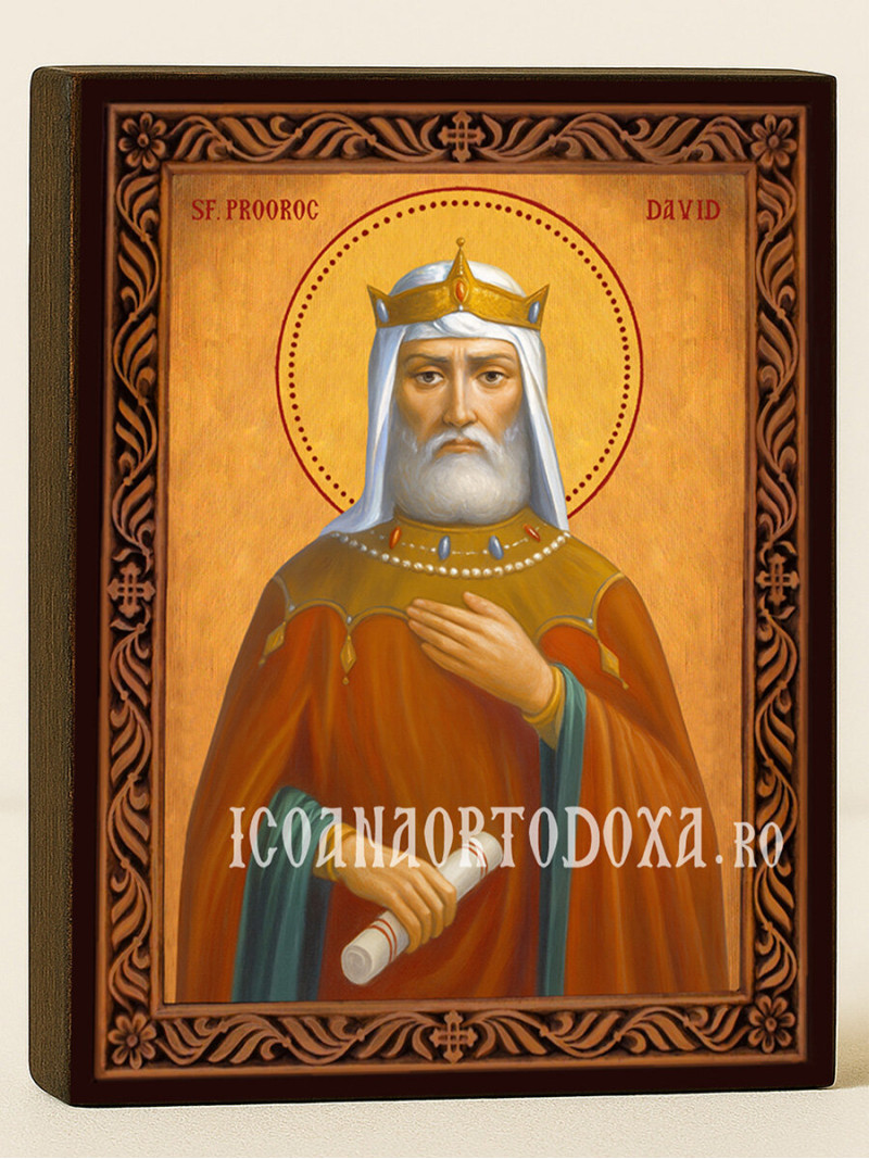 Icoană cu Sfântul Regele Proroc David cu ramă decorativă rustică