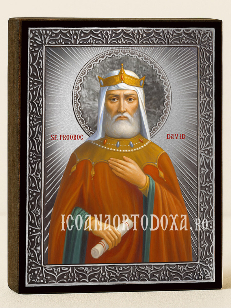Icoană din argint cu Sfântul Regele Proroc David și raze decorative