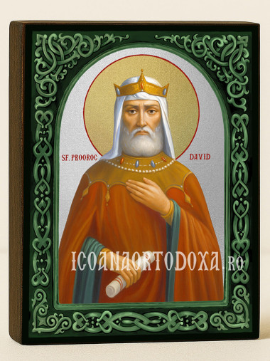 Icoană cu Sfântul Regele Proroc David cu arcadă florală verde și fundal argintiu