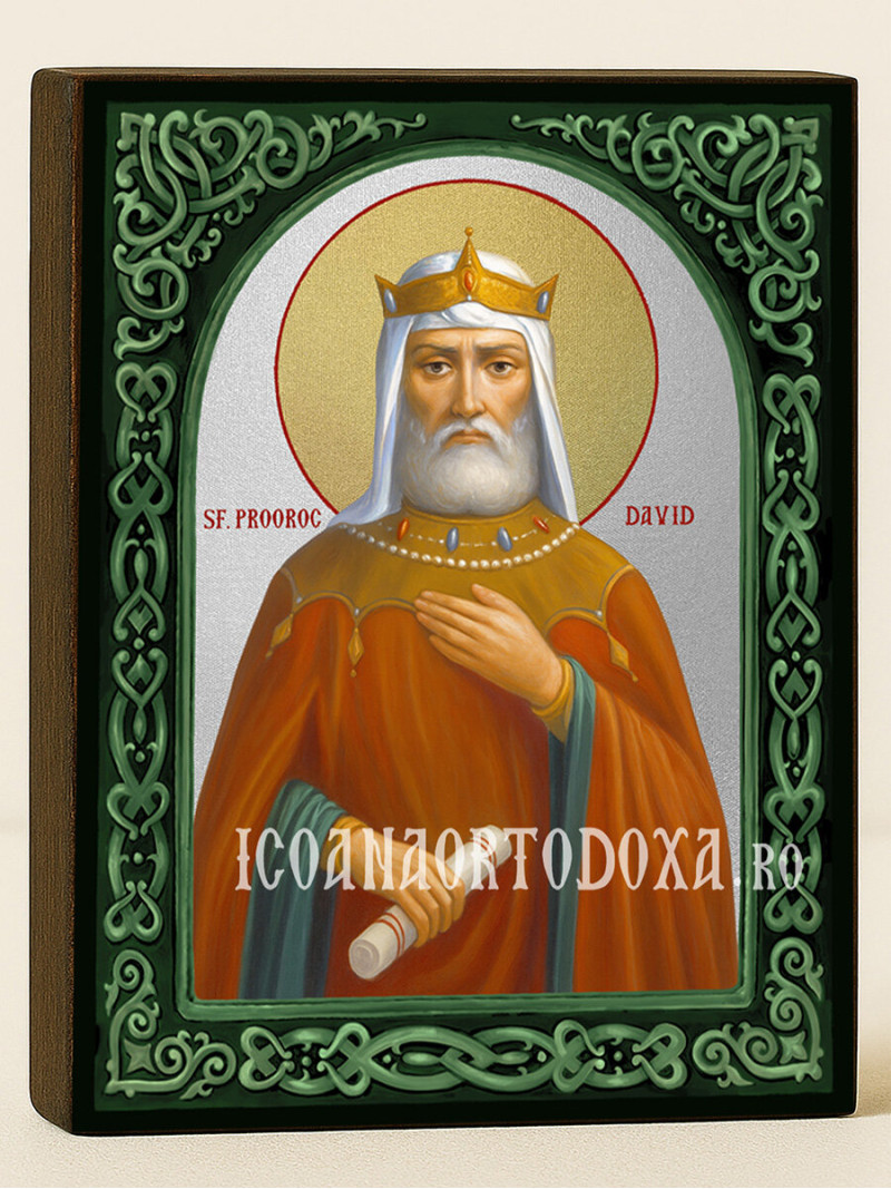 Icoană cu Sfântul Regele Proroc David cu arcadă florală verde și fundal argintiu
