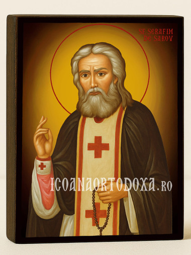 Icoană cu Sfântul Serafim de Sarov cu fundal galben luminos