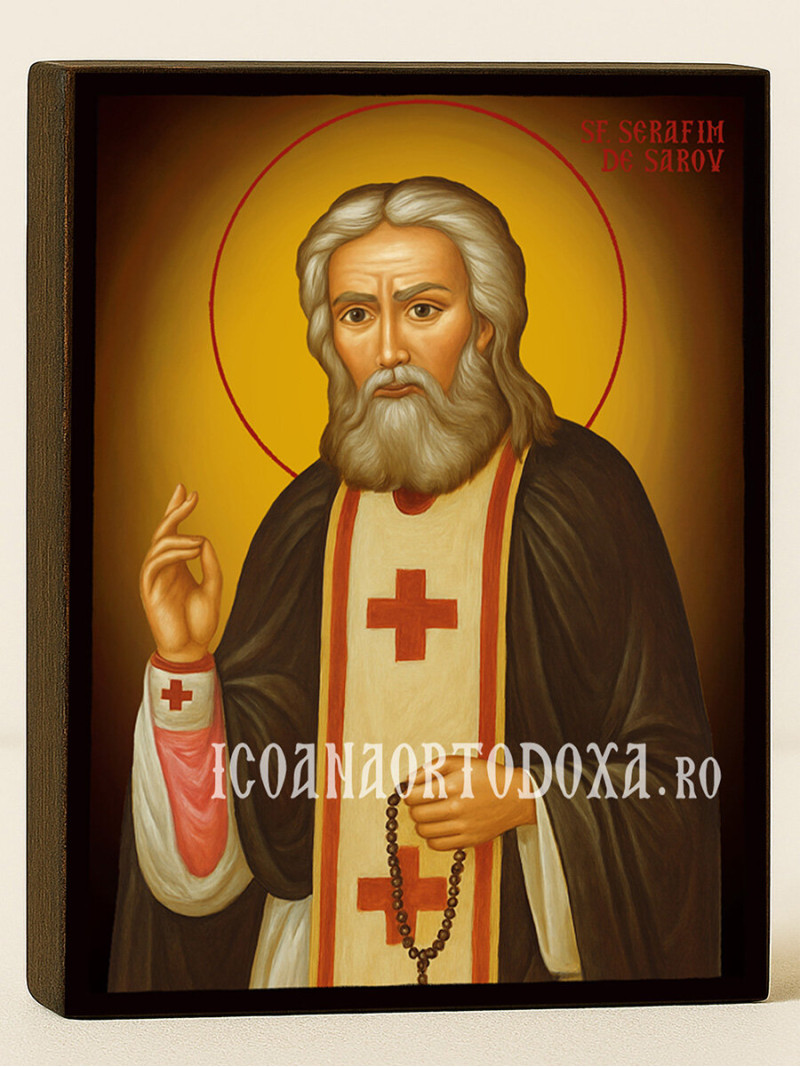Icoană cu Sfântul Serafim de Sarov cu fundal galben luminos