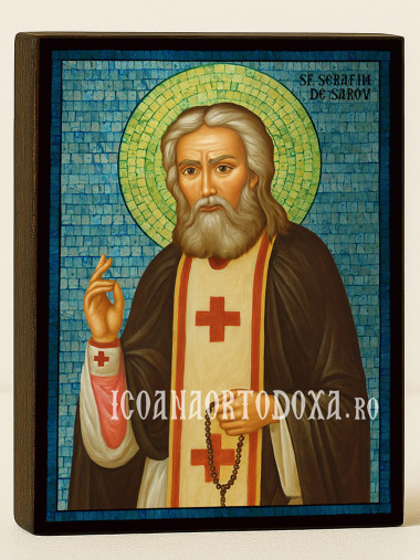 Icoană cu Sfântul Serafim de Sarov cu mozaic albastru argintiu