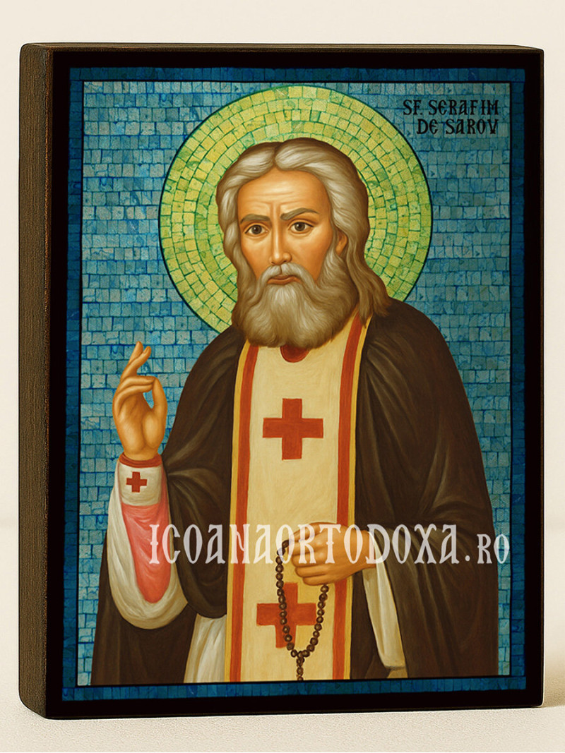 Icoană cu Sfântul Serafim de Sarov cu mozaic albastru argintiu