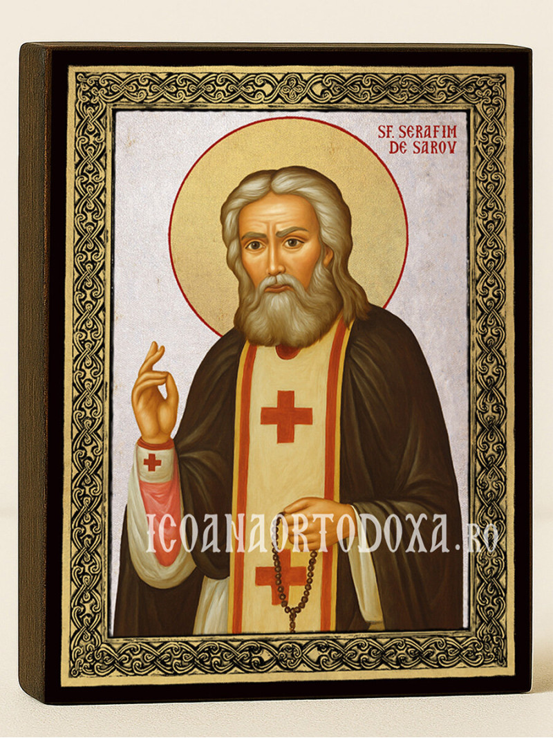 Icoană cu Sfântul Serafim de Sarov cu fundal argintiu și ramă aurită