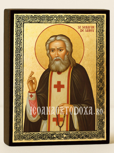 Icoană aurită cu Sfântul Serafim de Sarov și ramă decorativă