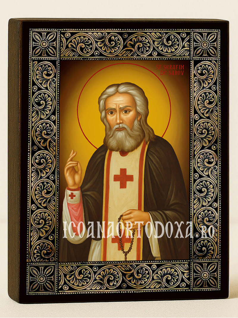 Icoană cu Sfântul Serafim de Sarov cu ramă florală decorativă