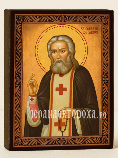 Icoană cu Sfântul Serafim de Sarov cu ramă decorativă stil sculptat