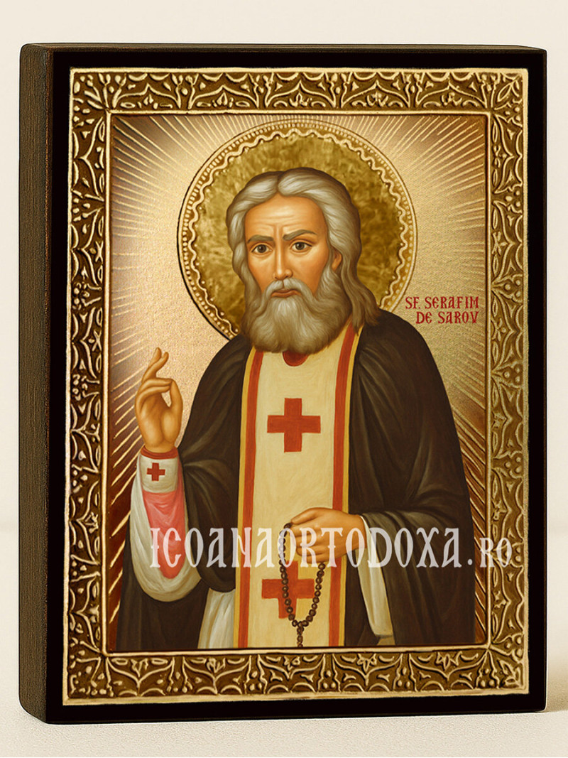 Icoană cu Sfântul Serafim de Sarov cu raze aurii decorative