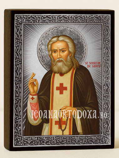 Icoană cu Sfântul Serafim de Sarov cu raze argintii decorative