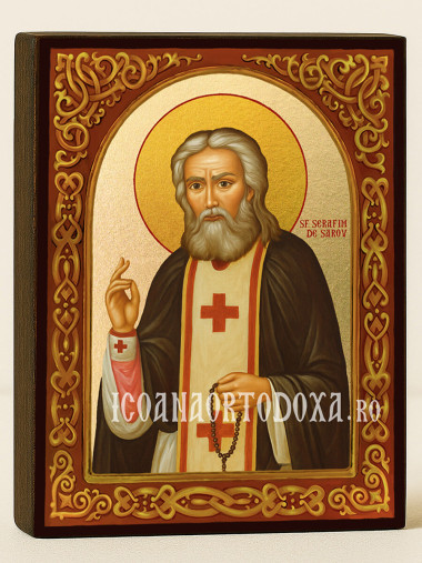 Icoană cu Sfântul Serafim de Sarov cu arc floral pe fundal auriu