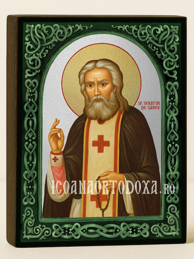 Icoană cu Sfântul Serafim de Sarov cu arc floral verde și fundal argintiu