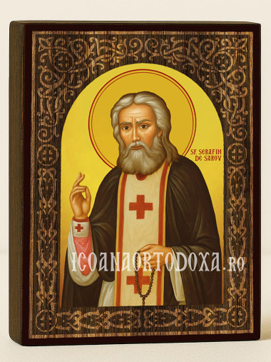Icoană cu Sfântul Serafim de Sarov cu arc floral cu textură de lemn
