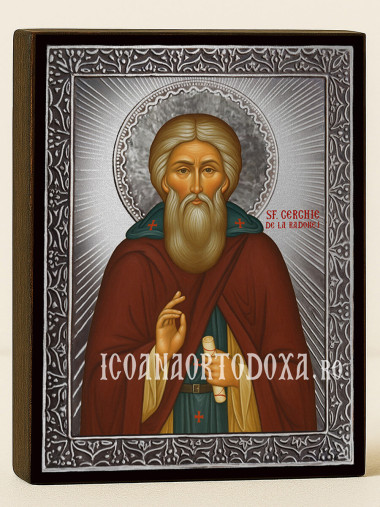 Icoană cu Sfântul Serghie de Radonej cu raze argintii decorative