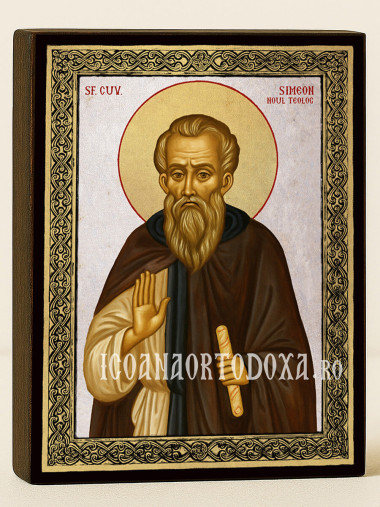 Icoană cu Sfântul Simeon Noul Teolog cu fundal argintiu și ramă aurită