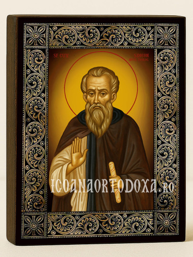 Icoană cu Sfântul Simeon Noul Teolog cu ramă florală decorativă